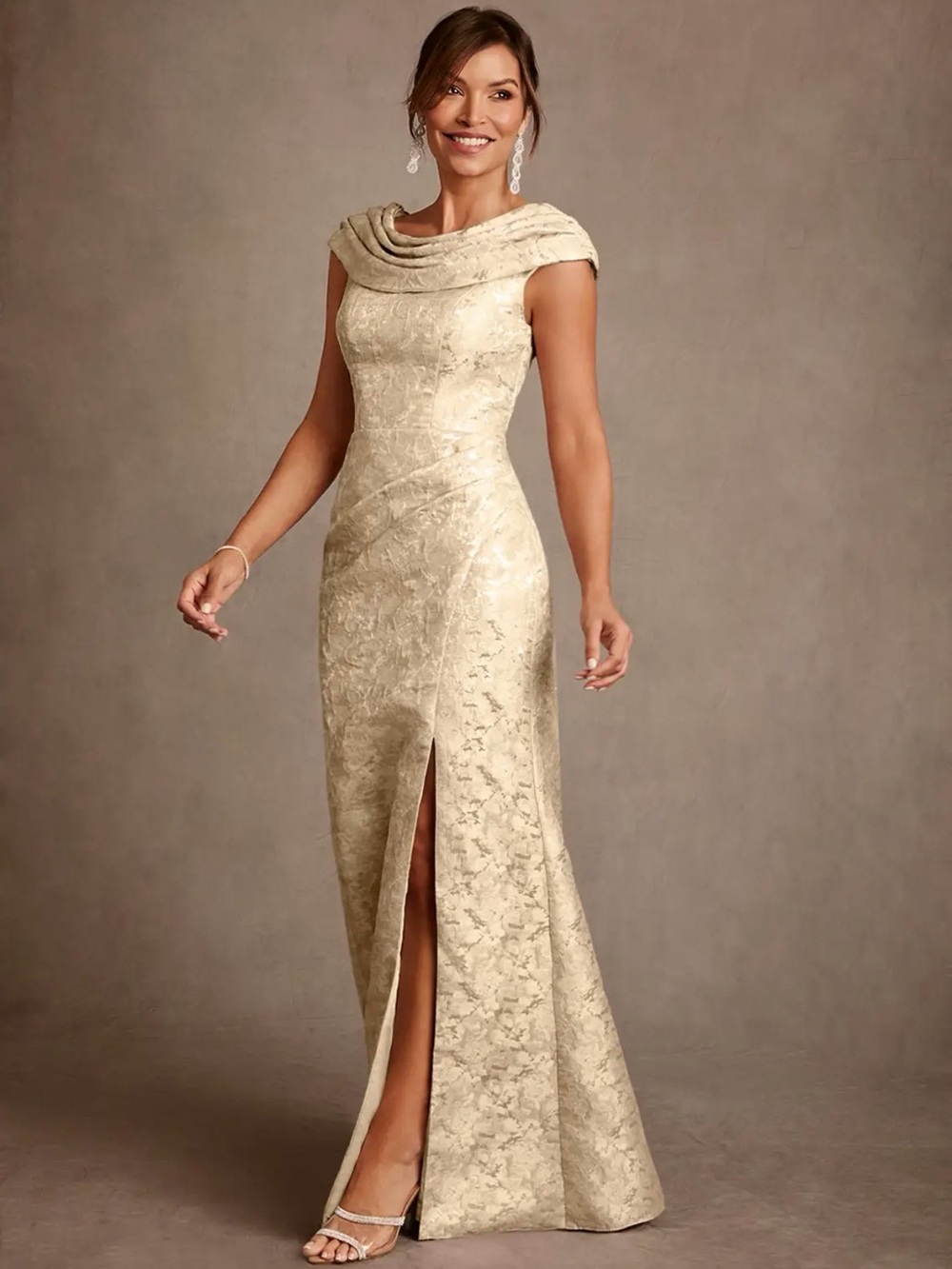 Azazie Cream Cowl Neck Lace Maxi Dress with Front Slit